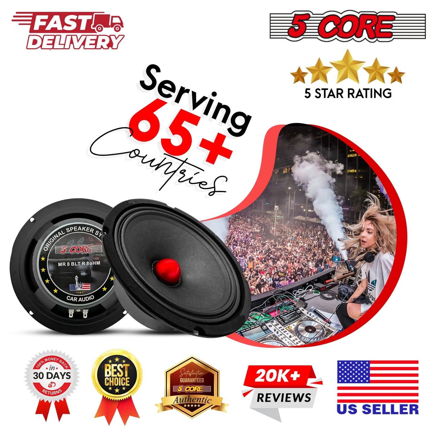 5Core 8 Inch Midrange Door Speaker 580W PMPO Subwoofer W Aluminum Bullet 8O Sub Woofer